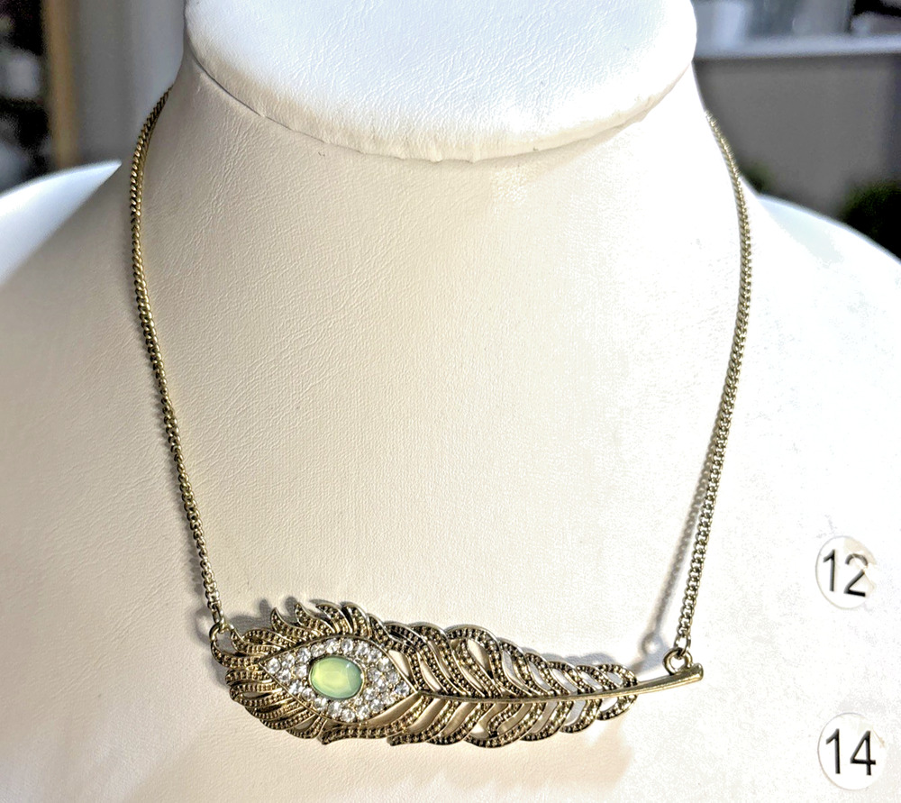 Peacock Feather Necklace Antiqued Gold Tone Green Cabochon Clear Rhinestones
